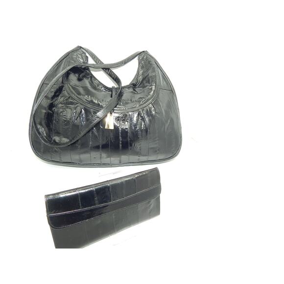 Rare Vintage Lee Sands Eel Skin Black Shoulder handbag w Wallet BOGO LimitTime - Picture 10 of 15